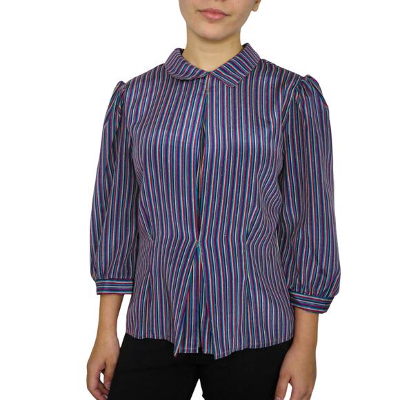 1970s Vintage Jonathan Martin Peter Pan Collar Purple Striped Blouse Small - Picture 1 of 4